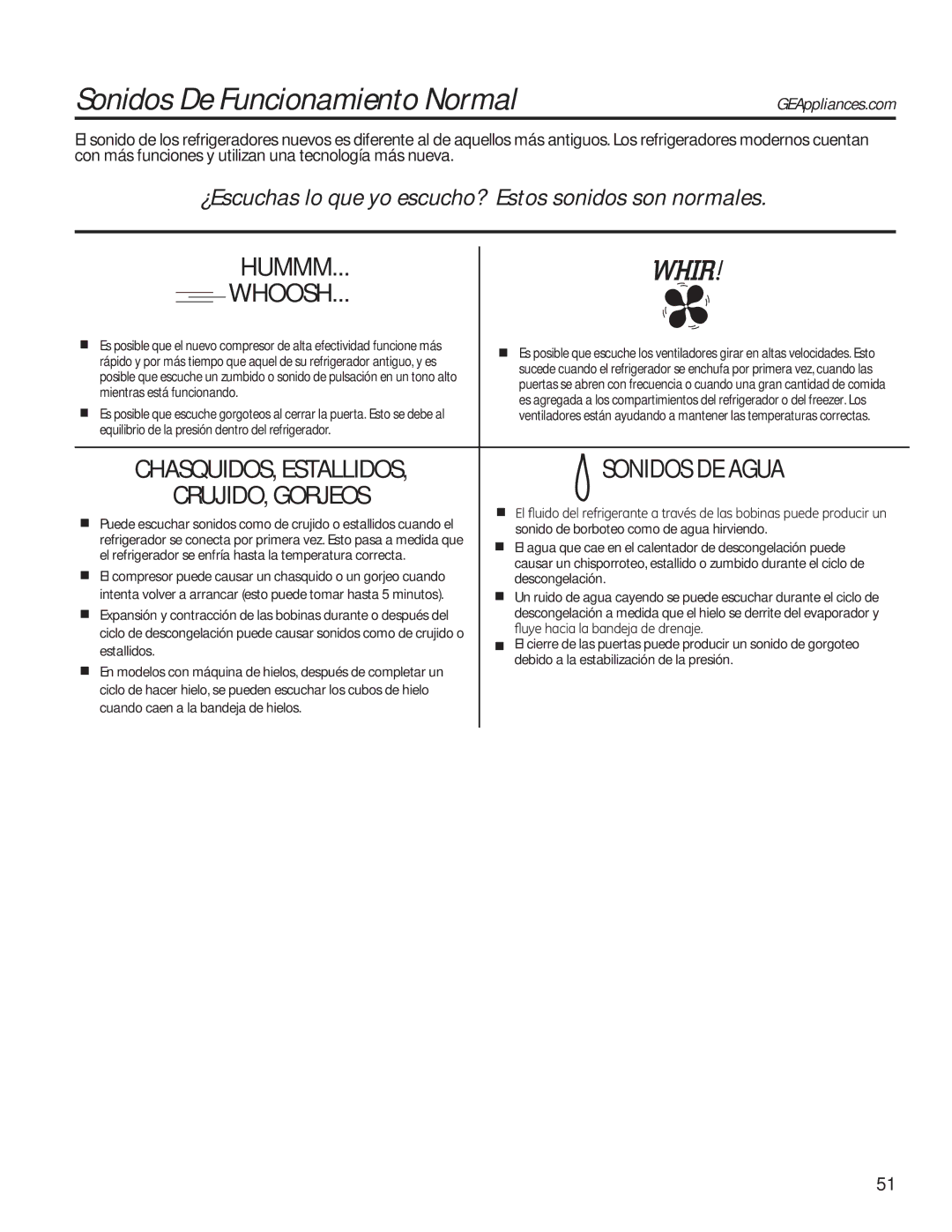 GE GTE18GTHWW Mientras está funcionando, Equilibrio de la presión dentro del refrigerador, Descongelación, Estallidos 