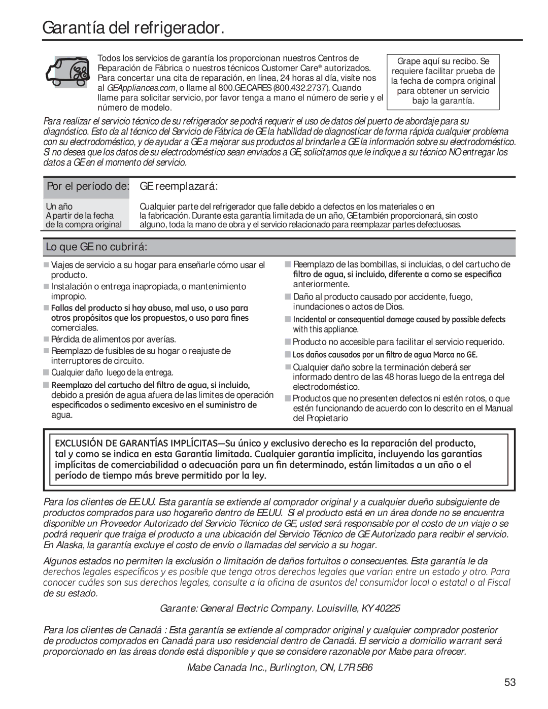 GE GTE18GTHWW, GTE18GTHBB Garantía del refrigerador, Por el período de GE reemplazará, Lo que GE no cubrirá 