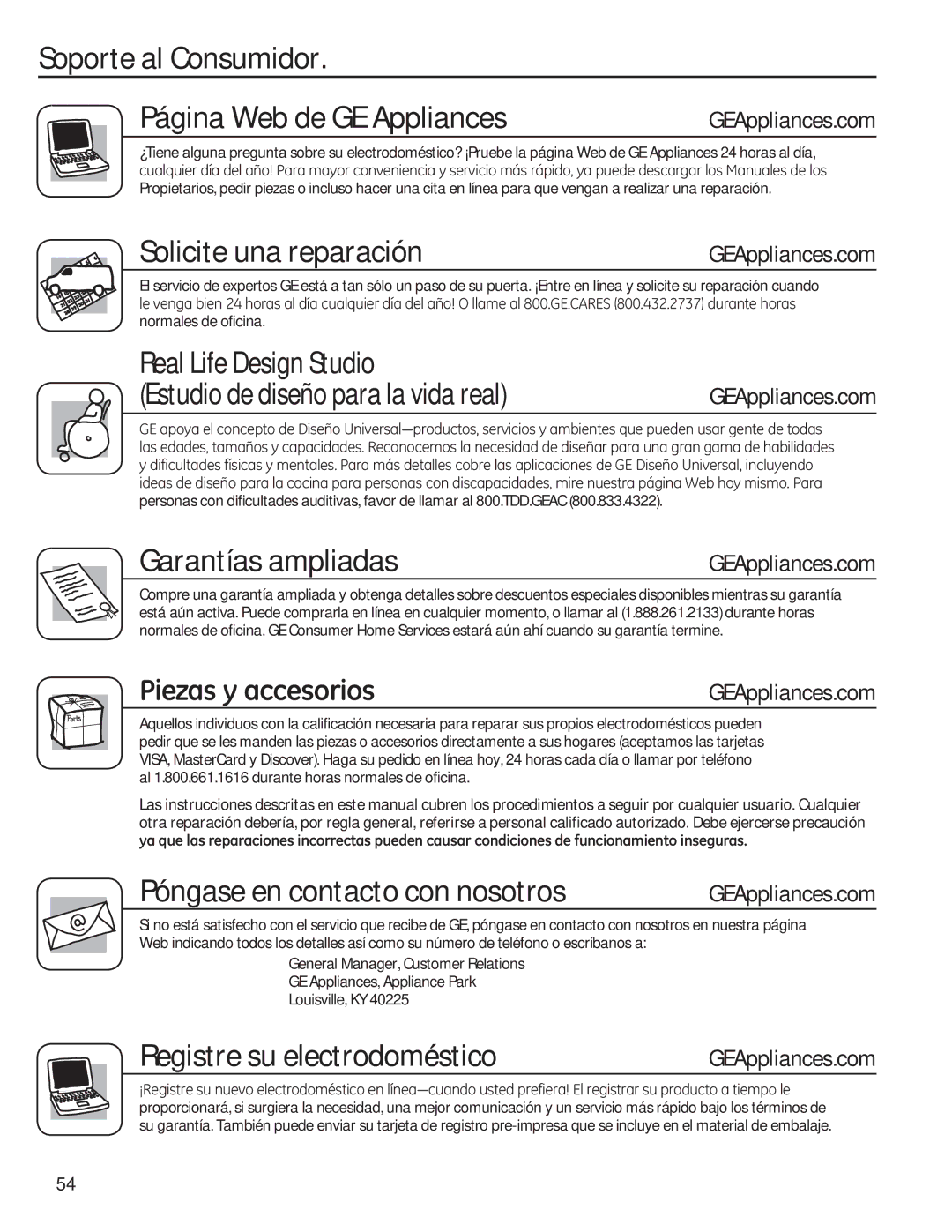 GE GTE18GTHBB, GTE18GTHWW Soporte al Consumidor Página Web de GE Appliances, Solicite una reparaciónGEAppliances.com 