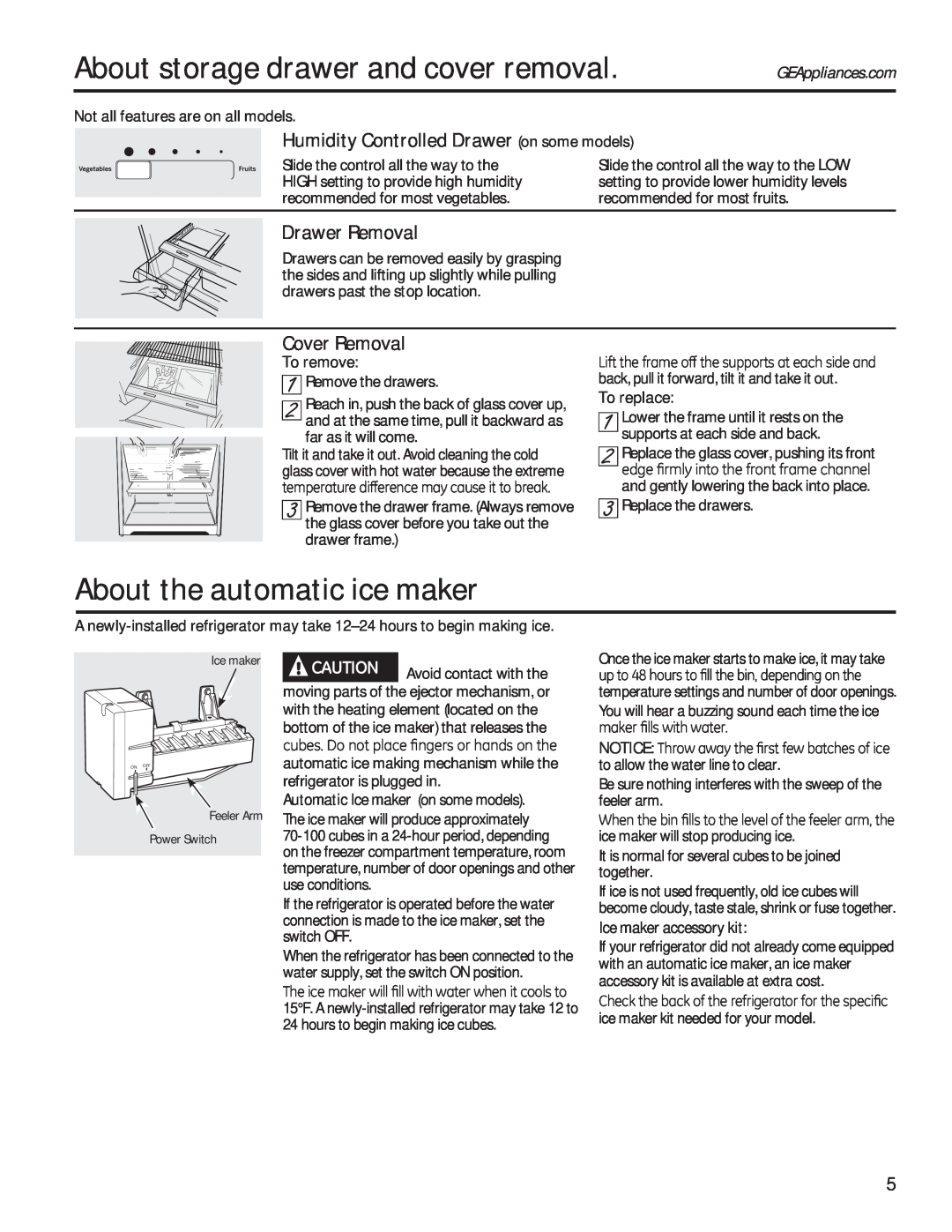 GE GTE18GTHWW About storage drawer and cover removal, About the automatic ice maker, Drawer Removal, Cover Removal 