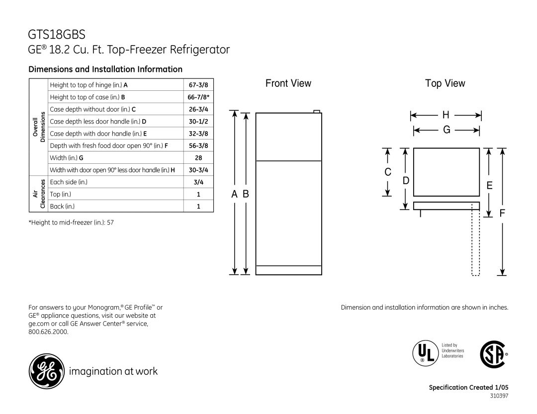 GE GTS18XCR, GTH15BBR, GTS18GBSWW, GTS18FBR dimensions GE 18.2 Cu. Ft. Top-Freezer Refrigerator, Front View, Top View 