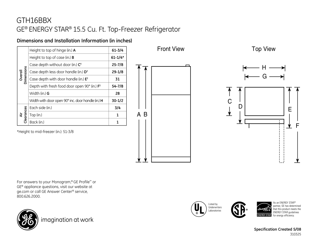 GE GTH16BBX dimensions GE Energy Star 15.5 Cu. Ft. Top-Freezer Refrigerator, Top View, Front View 