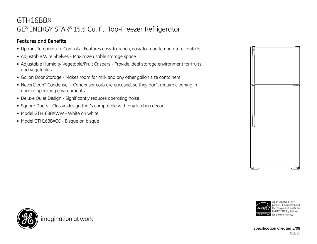 GE GTH16BBX dimensions Features and Benefits 