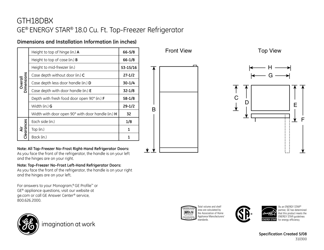 GE GTH18KB, GTH18DBXCC, GTS19QB dimensions GE Energy Star 18.0 Cu. Ft. Top-Freezer Refrigerator, Front View, Top View 