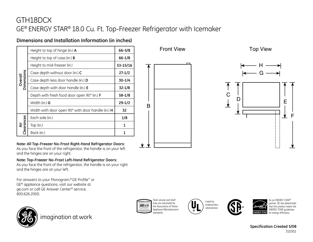 GE GTH18DCXCC, GTH18DCXWW, GTH18DCXBB dimensions Front View, Top View, Dimensions and Installation Information in inches 