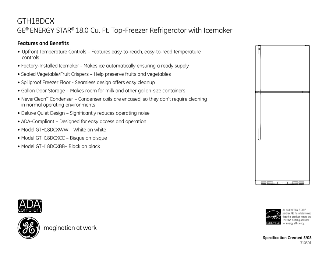 GE GTH18DCXWW, GTH18DCXCC, GTH18DCXBB dimensions Features and Benefits 