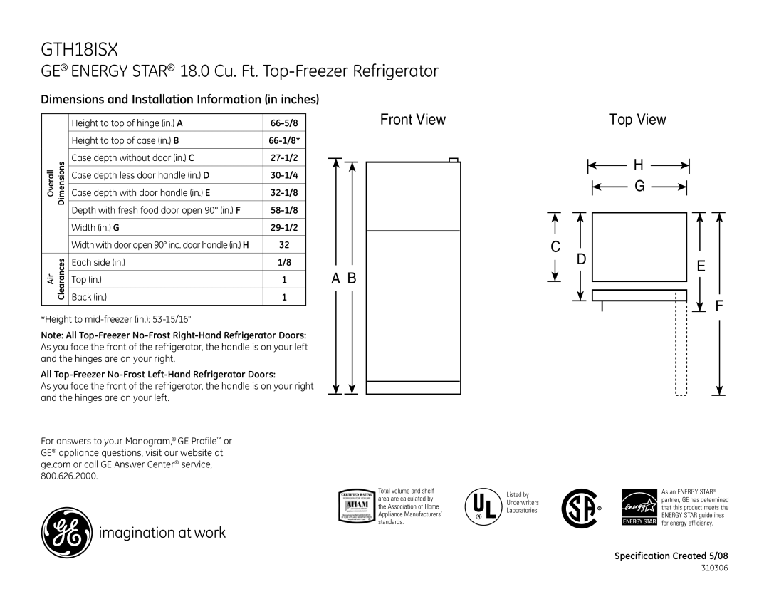 GE GTH18ISX dimensions GE Energy Star 18.0 Cu. Ft. Top-Freezer Refrigerator, Top View, Front View 