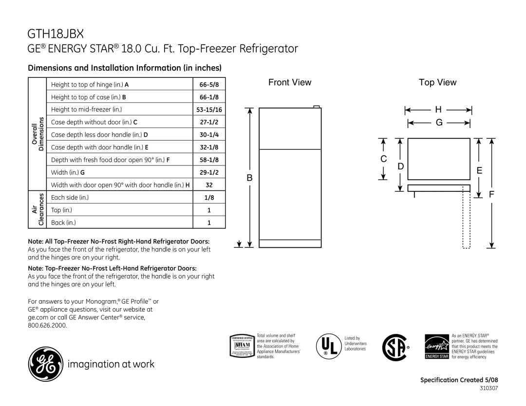 GE GTH18JBXWW dimensions GE Energy Star 18.0 Cu. Ft. Top-Freezer Refrigerator, Front View, Top View 