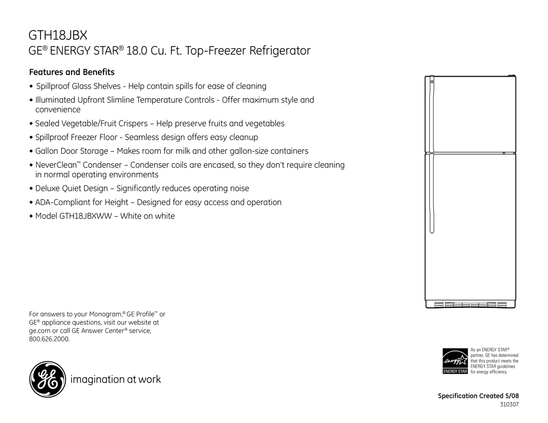 GE GTH18JBXWW dimensions Features and Benefits 