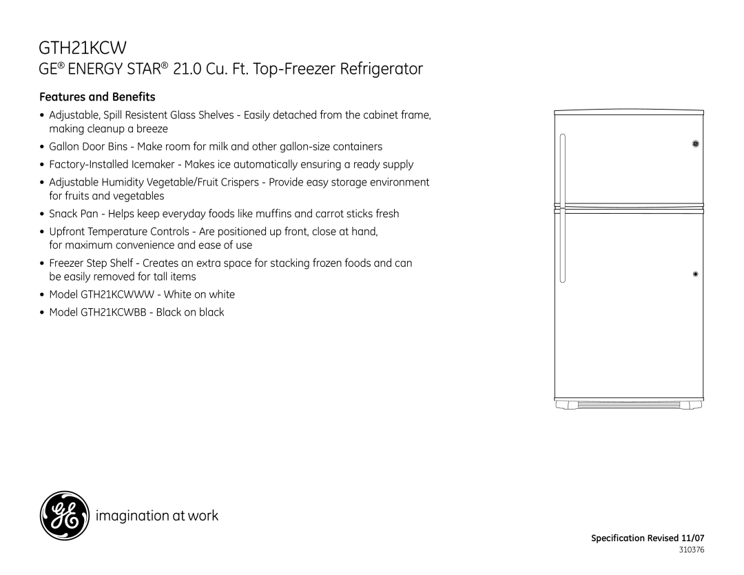 GE GTH21KCWBB dimensions Features and Benefits 