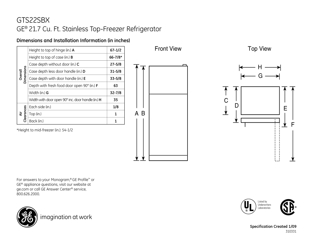 GE GTH22SBSSS, GTH22SHSSS, GTS22SBXSS dimensions GE 21.7 Cu. Ft. Stainless Top-Freezer Refrigerator, Front View 