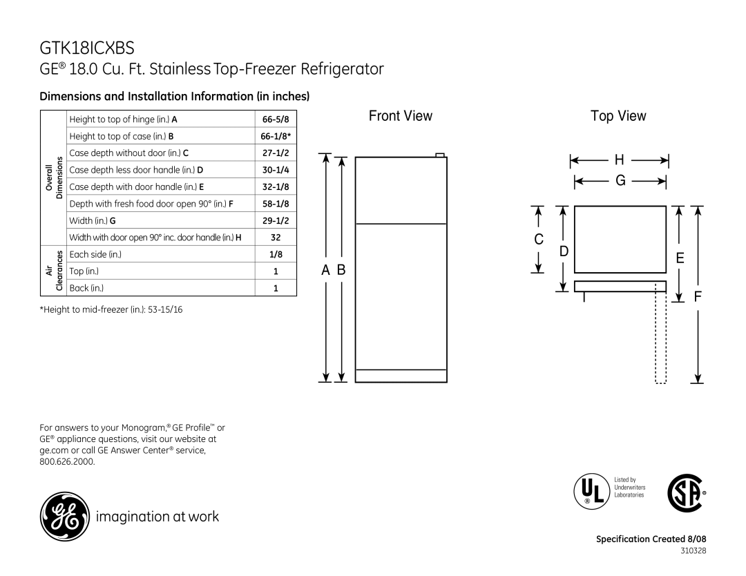 GE GTK18ICXBS dimensions GE 18.0 Cu. Ft. Stainless Top-Freezer Refrigerator, Front View 