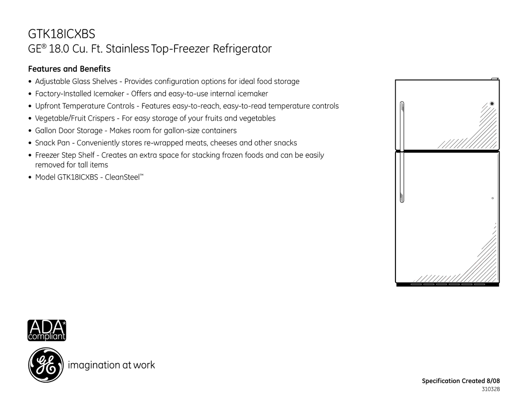 GE GTK18ICXBS dimensions Features and Benefits 
