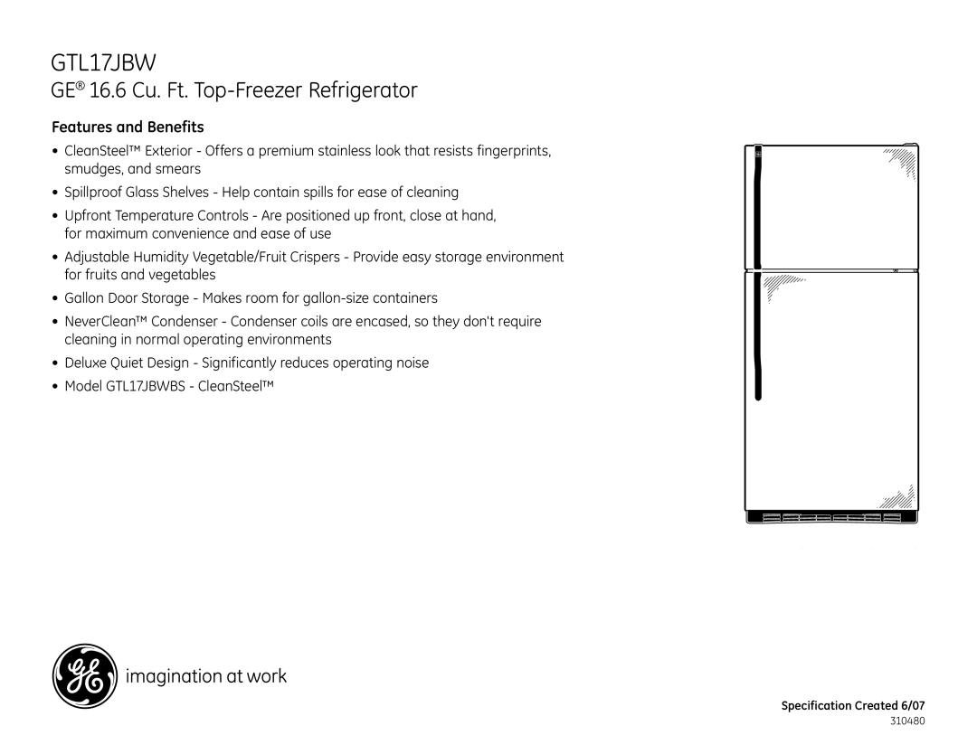 GE GTL17JBWBS dimensions Features and Benefits 