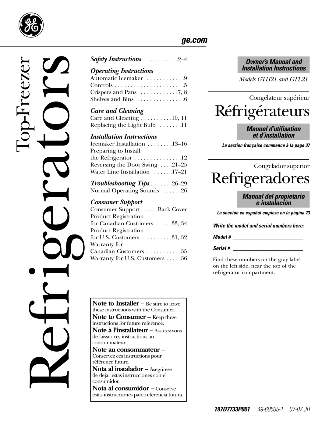 GE GTH21, GTL21 installation instructions Ge.com, Write the model and serial numbers here Model # Serial # 