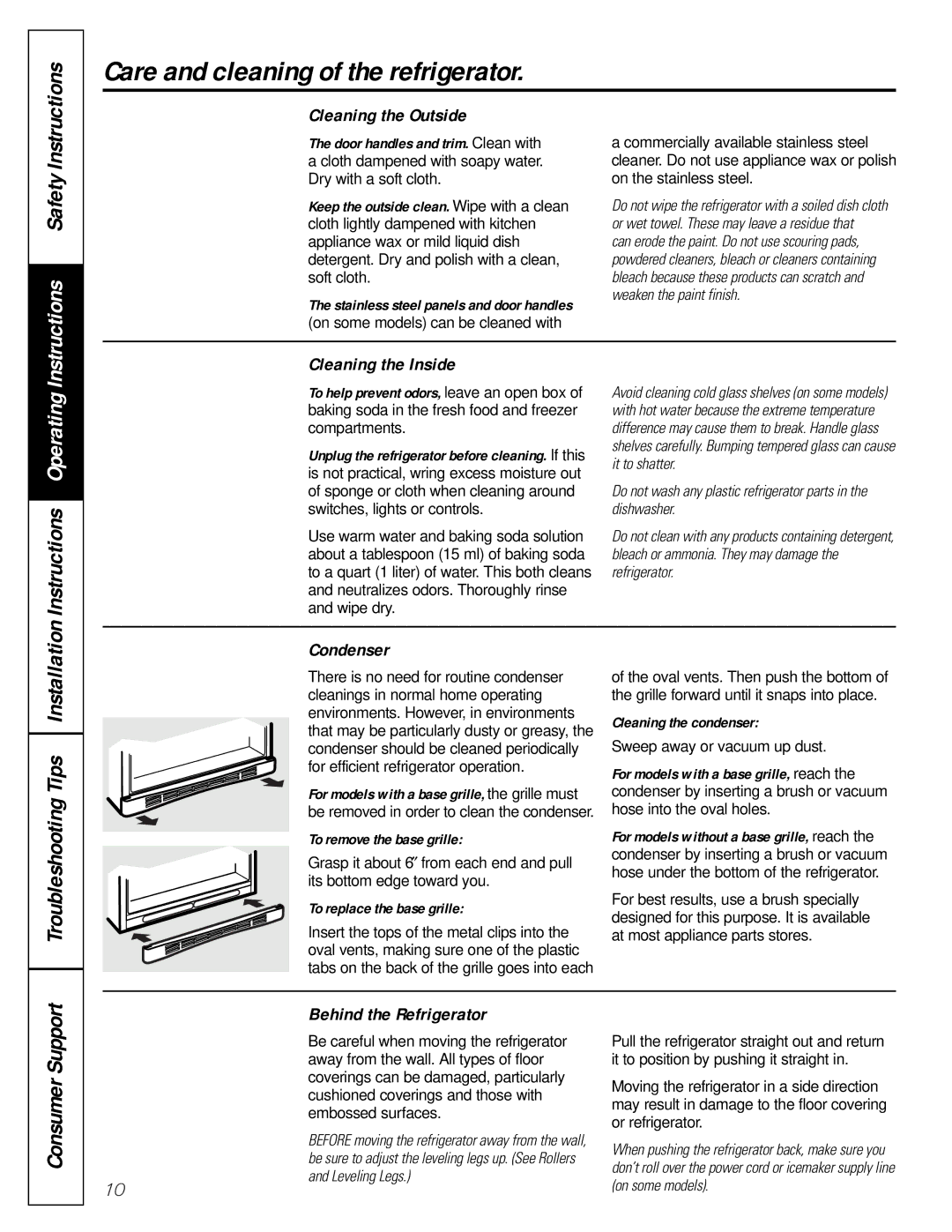 GE GTL21, GTH21 installation instructions Care and cleaning of the refrigerator, Consumer Support 