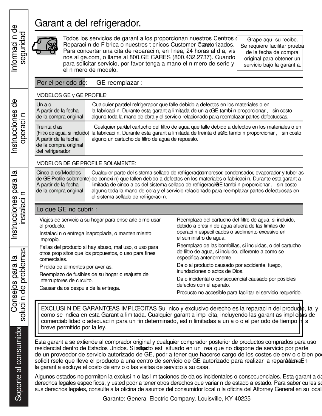 GE GTL21, GTH21 installation instructions Instrucciones Consejos para la De problemas, Por el período de GE reemplazará, 106 