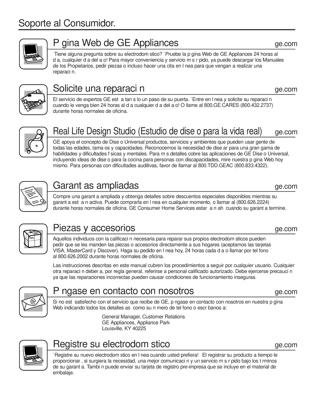 GE GTH21, GTL21 Soporte al Consumidor Página Web de GE Appliances, Solicite una reparación, Garantías ampliadas 