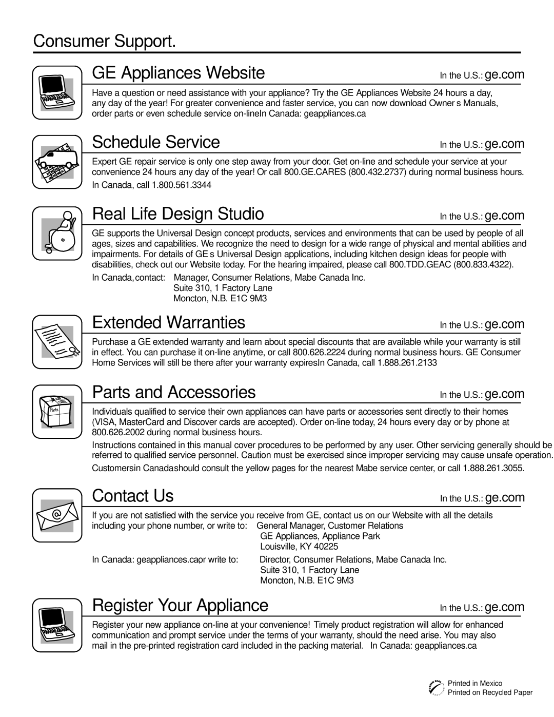 GE GTL21, GTH21 installation instructions Consumer Support, Schedule Service 