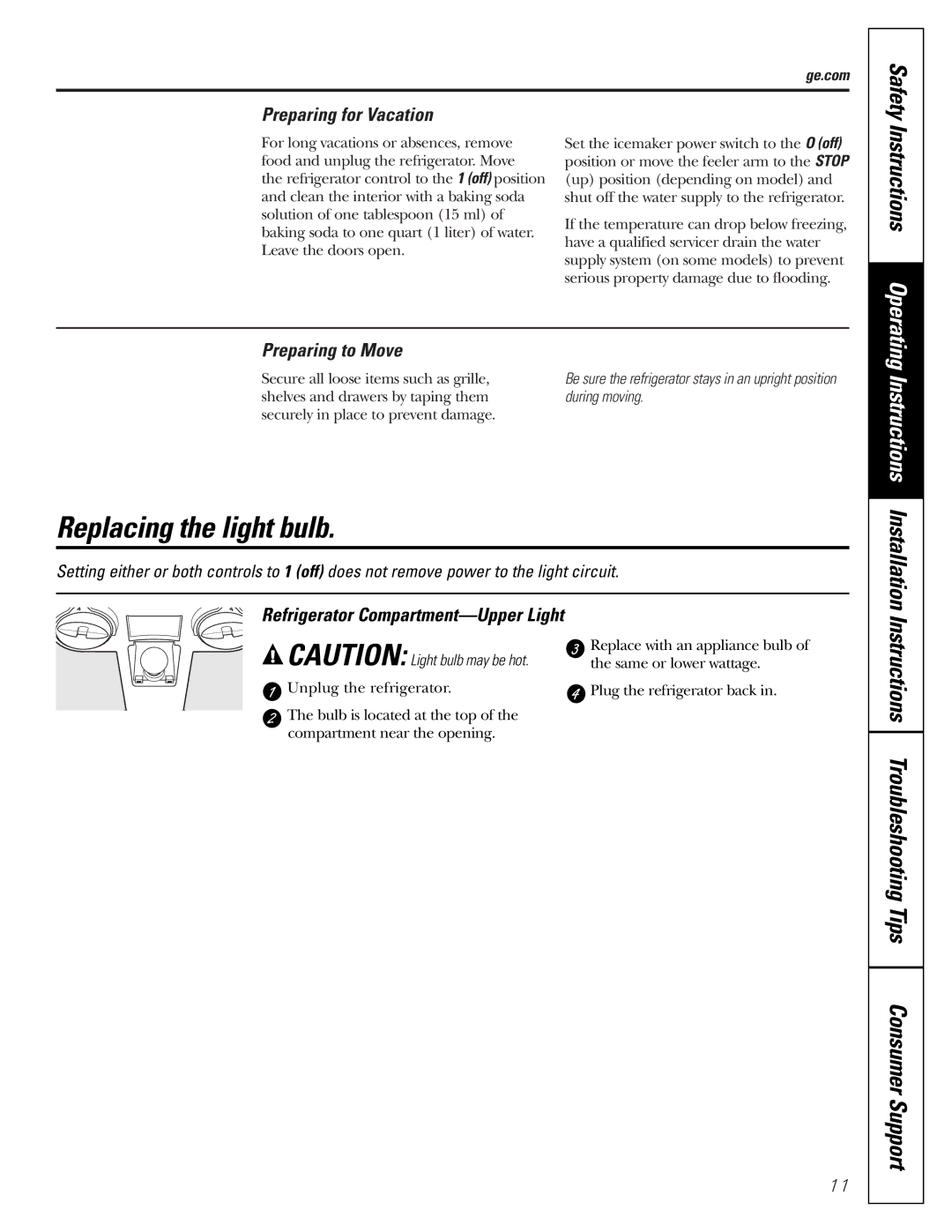 GE GTH21, GTL21 installation instructions Replacing the light bulb, Preparing for Vacation, Preparing to Move, Ge.com Safety 