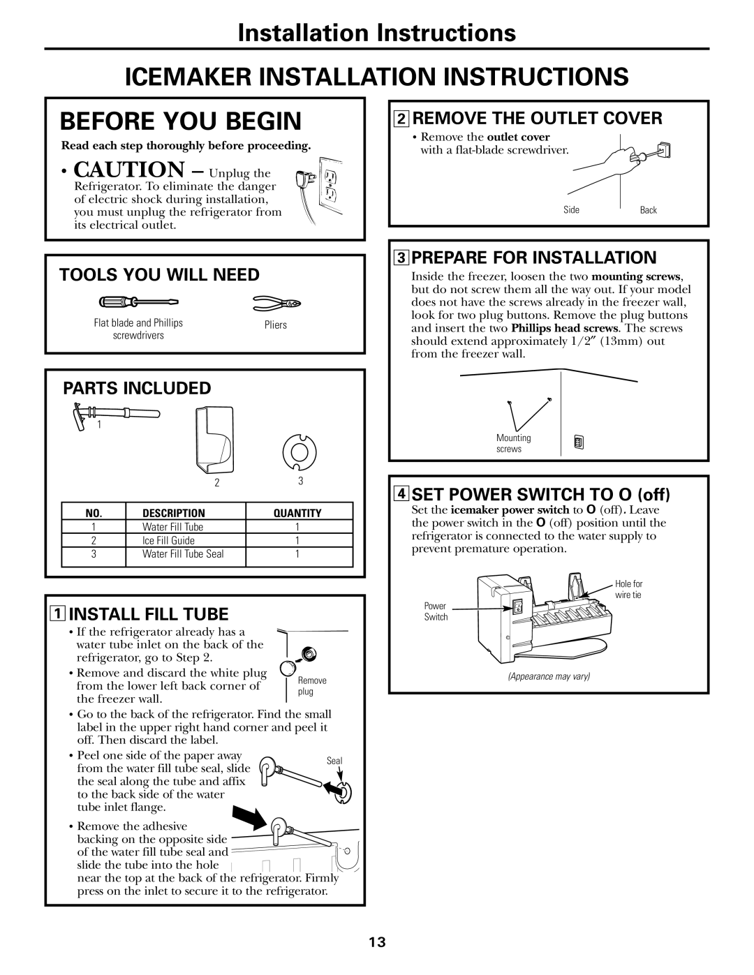 GE GTH21, GTL21 installation instructions Icemaker Installation Instructions Before YOU Begin 