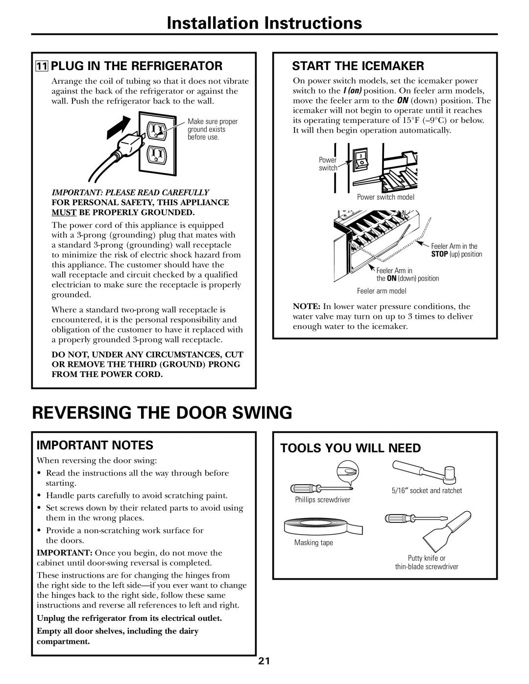 GE GTH21, GTL21 Reversing the Door Swing, Plug in the Refrigerator, Start the Icemaker, Important Notes 