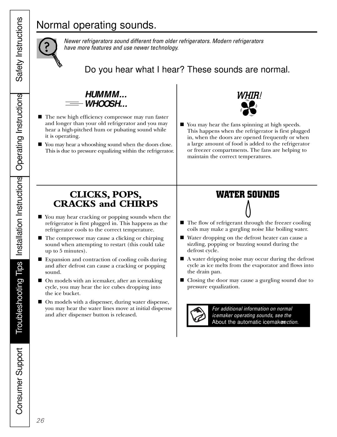 GE GTL21, GTH21 installation instructions Normal operating sounds, Hummm Whoosh 