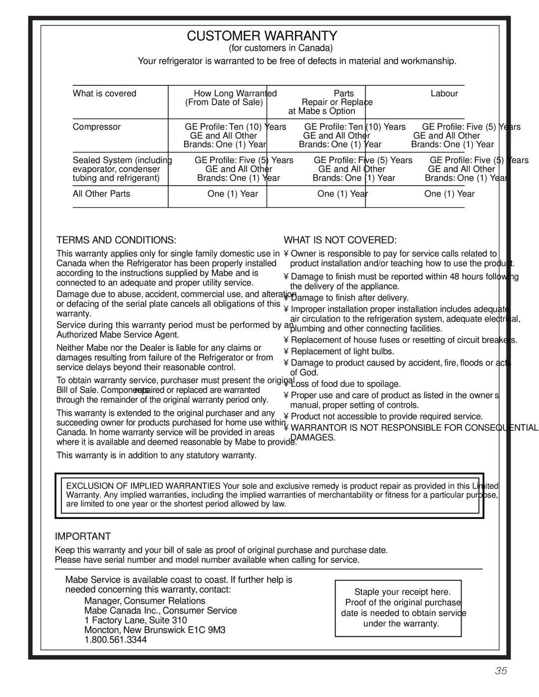 GE GTH21, GTL21 installation instructions Customer Warranty 