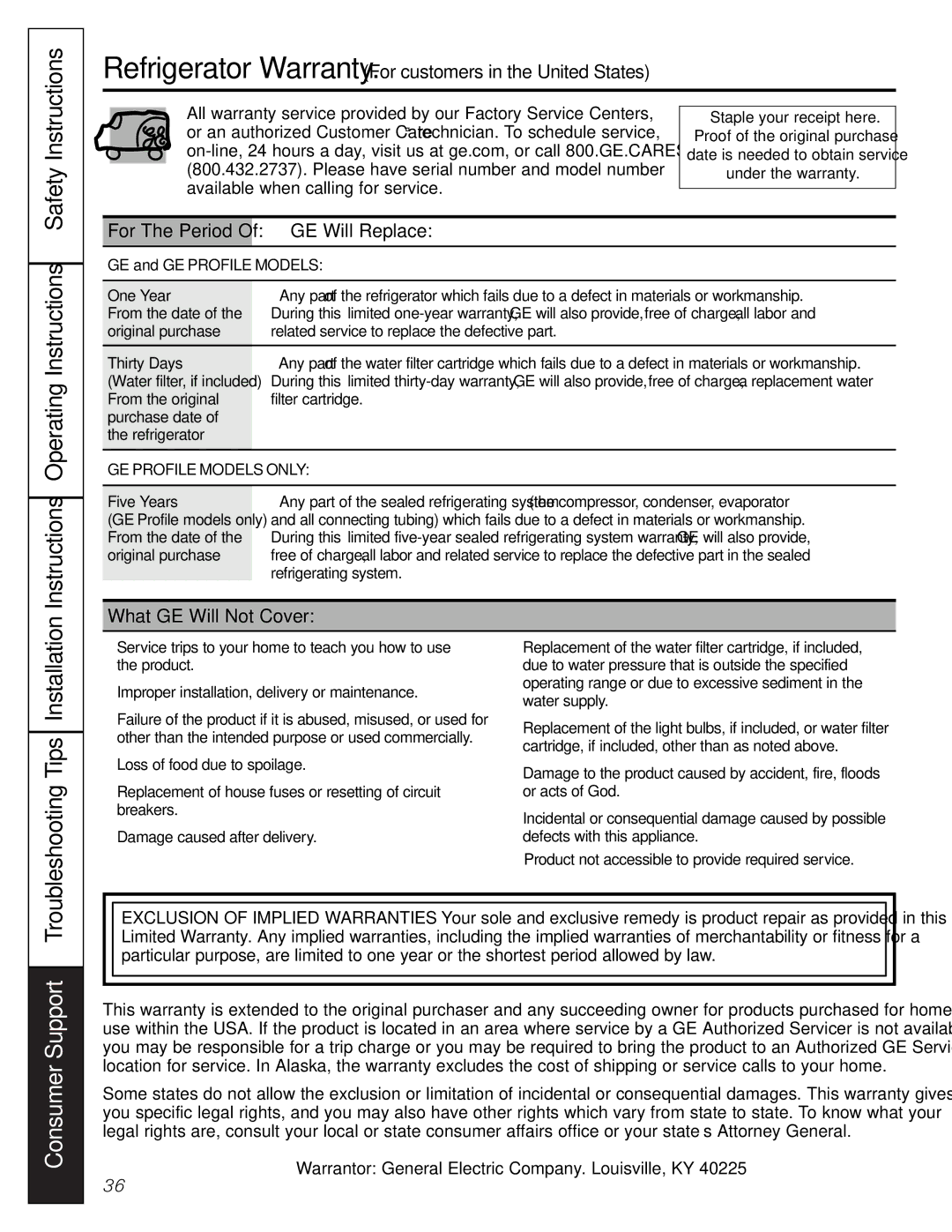 GE GTL21, GTH21 Instructions Operating Instructions Safety Instructions, GE Will Replace, What GE Will Not Cover 