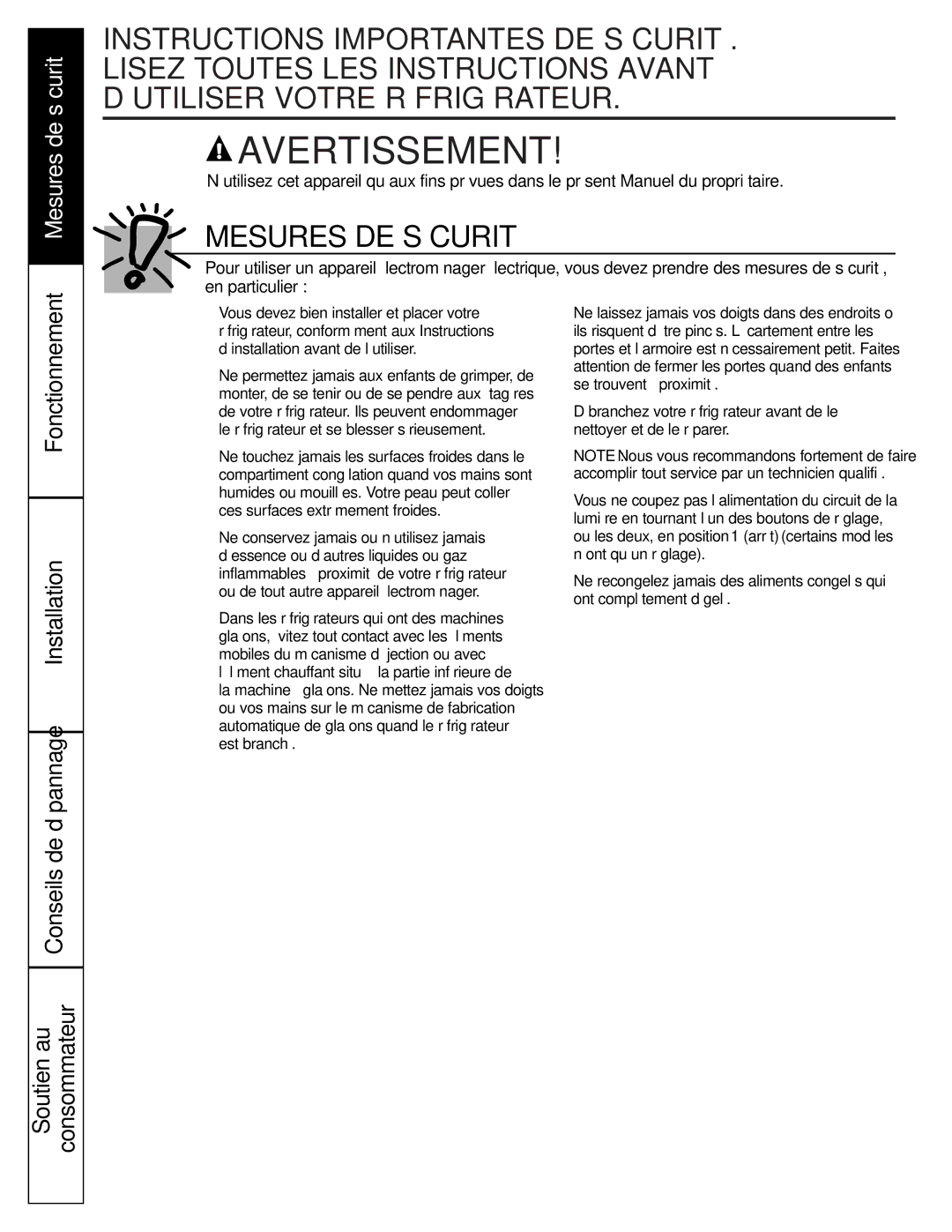 GE GTL21, GTH21 installation instructions Avertissement, Installation Conseils de dépannage Soutien au Consommateur 