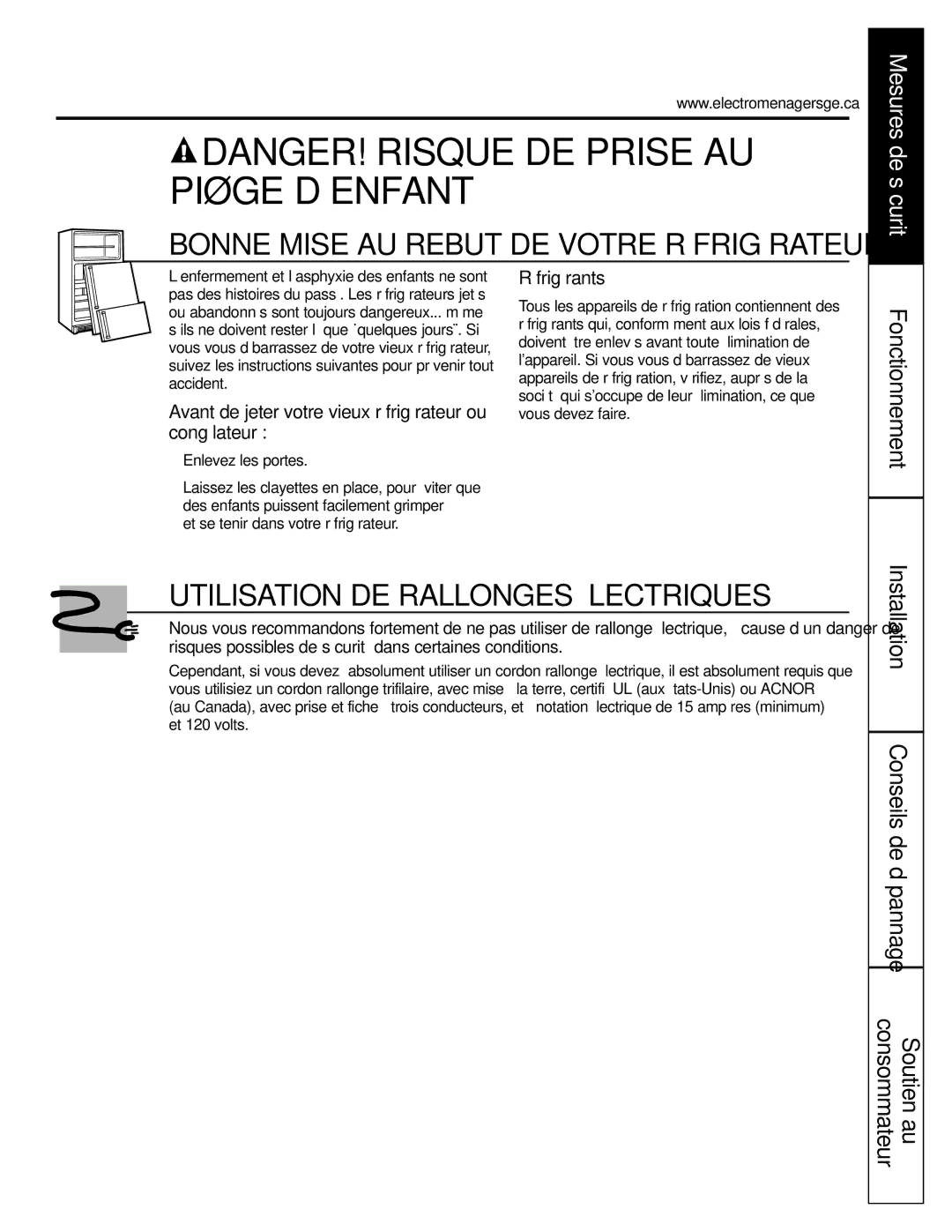 GE GTH21, GTL21 installation instructions Installation Conseils de dépannage Consommateur Soutien au, Réfrigérants 