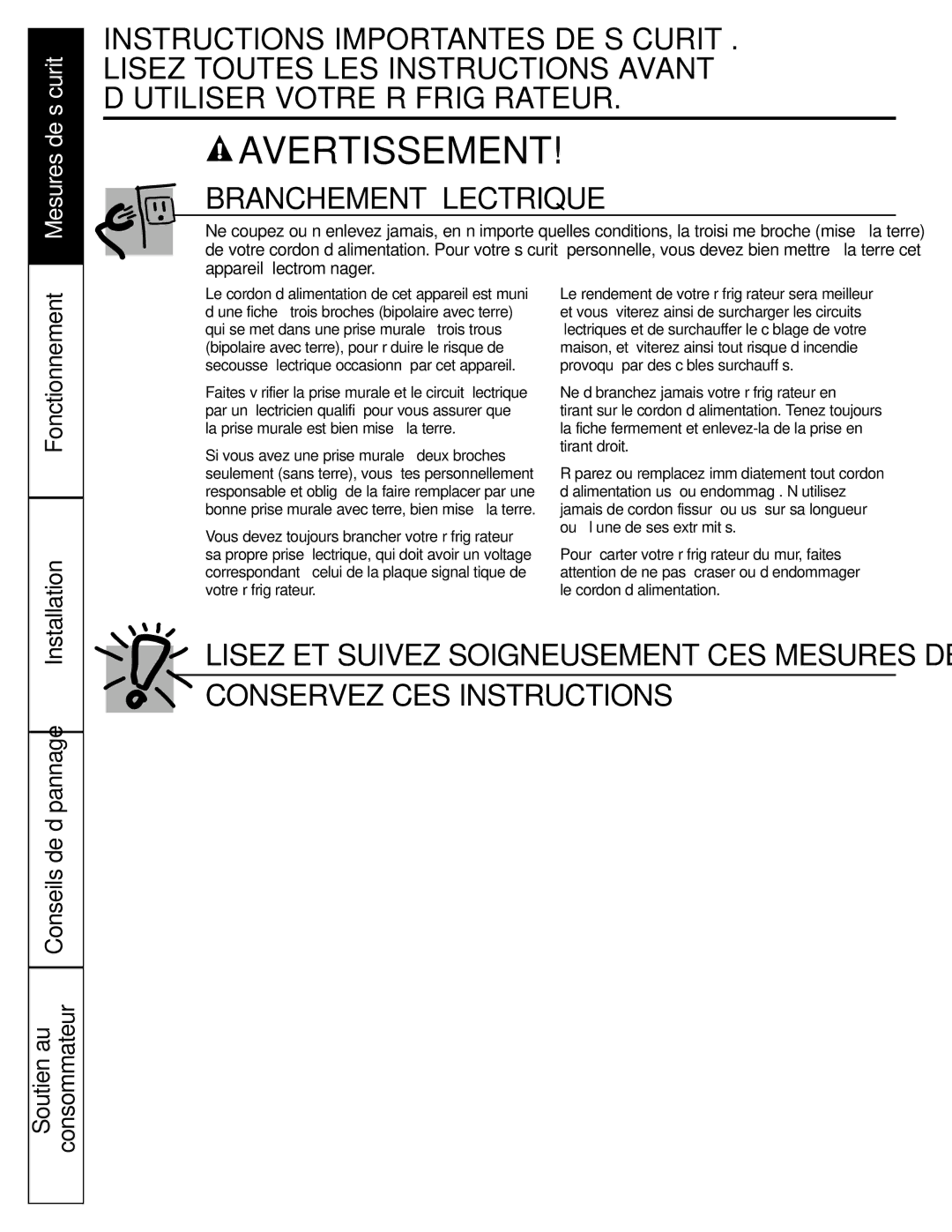 GE GTL21, GTH21 installation instructions Branchement Électrique, Conseils de dépannage Soutien au Consommateur 