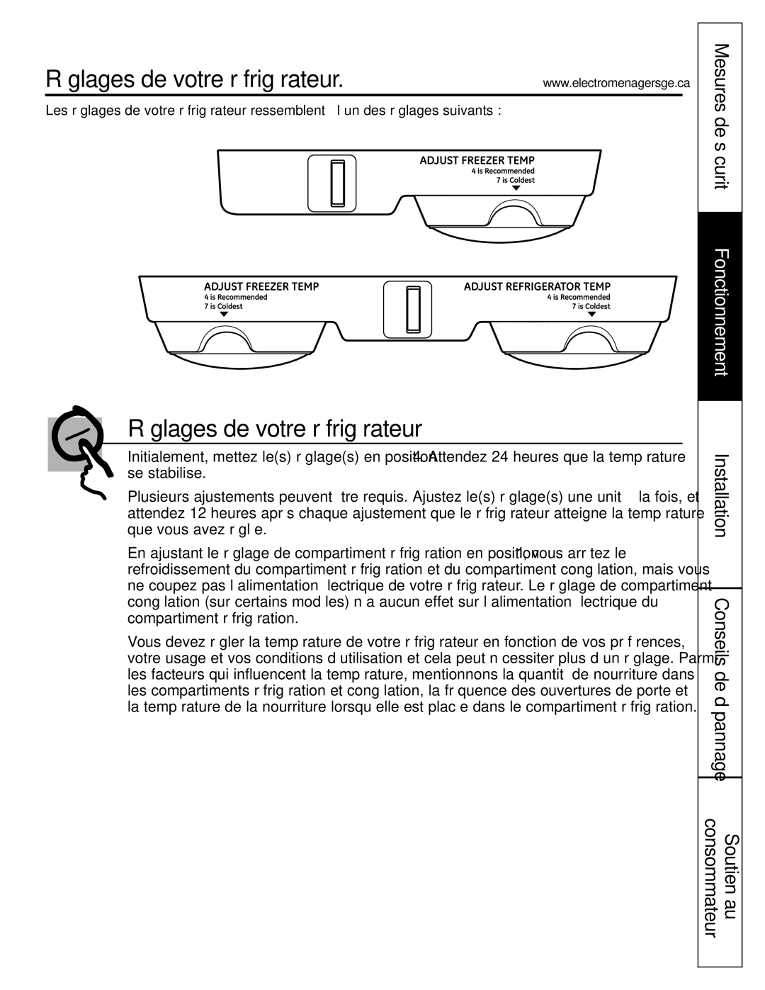 GE GTH21, GTL21 installation instructions Réglages de votre réfrigérateur, Mesures de sécurité 