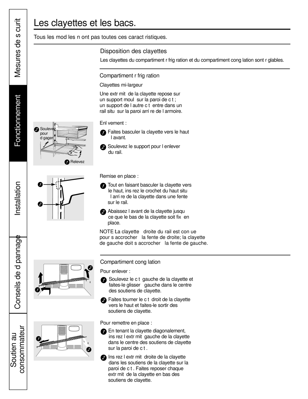 GE GTL21, GTH21 installation instructions Les clayettes et les bacs, De sécurité, Disposition des clayettes 