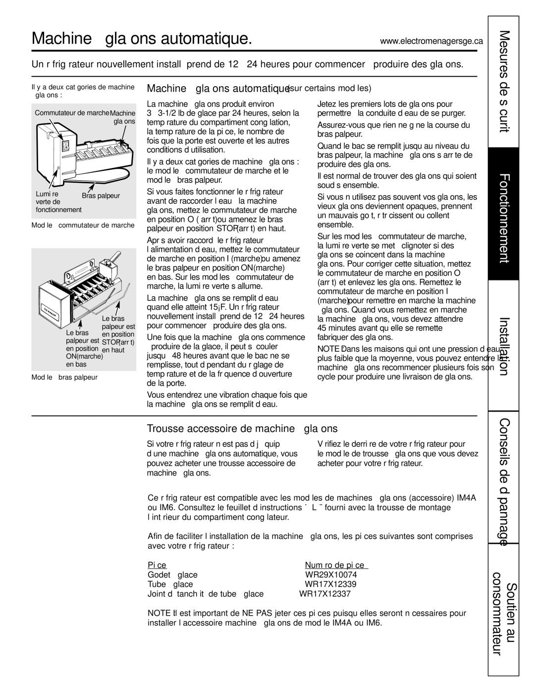 GE GTH21, GTL21 Machine à glaçons automatique, Sécurité, Conseils de dépannage Consommateur Soutien au 