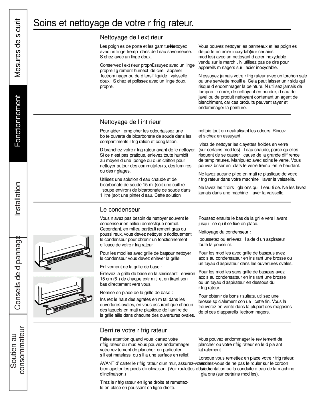 GE GTL21, GTH21 installation instructions Soins et nettoyage de votre réfrigérateur, Mesures de, Soutien au Consommateur 