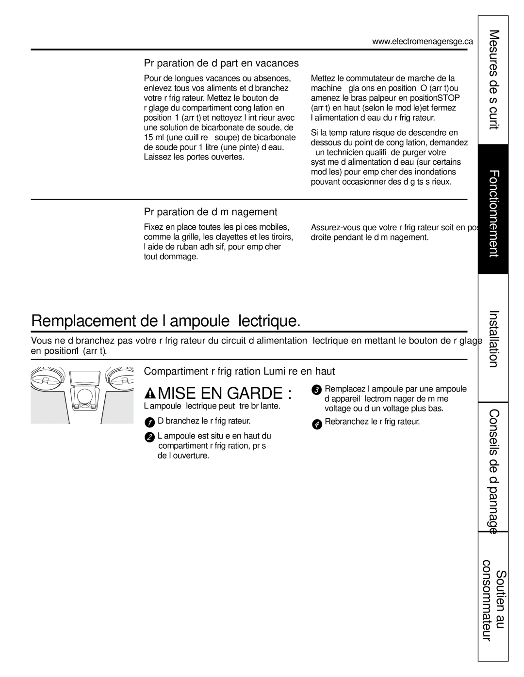 GE GTH21, GTL21 Remplacement de l’ampoule électrique, Préparation de départ en vacances, Préparation de déménagement 