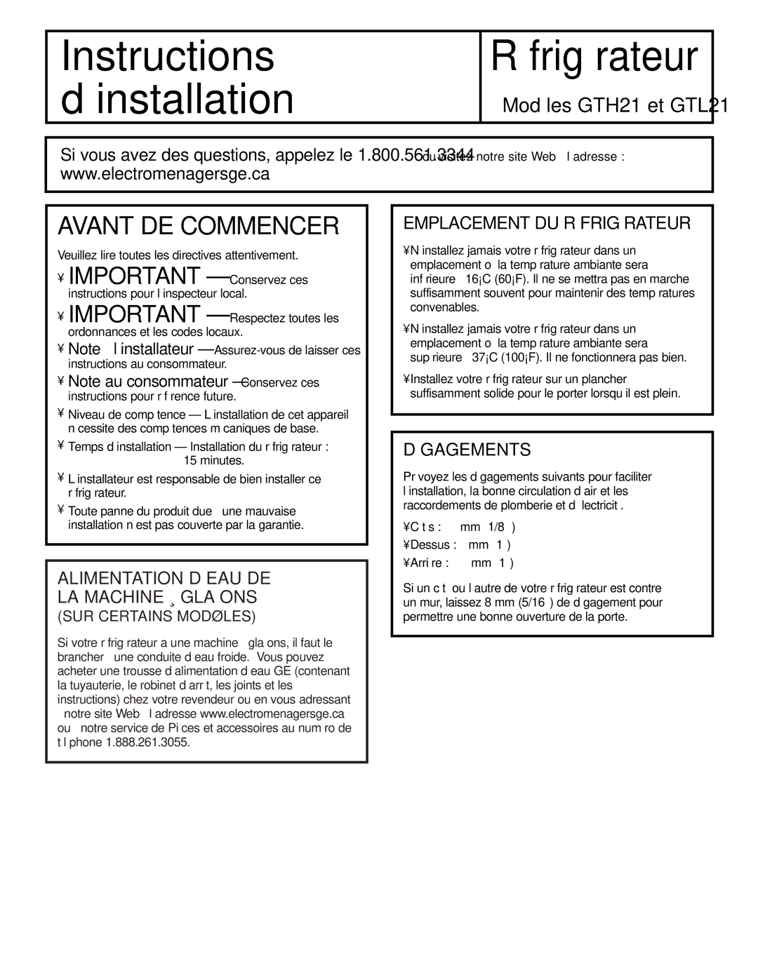 GE GTL21, GTH21 Avant DE Commencer, Alimentation D’EAU DE LA Machine À Glaçons, Emplacement DU Réfrigérateur, Dégagements 