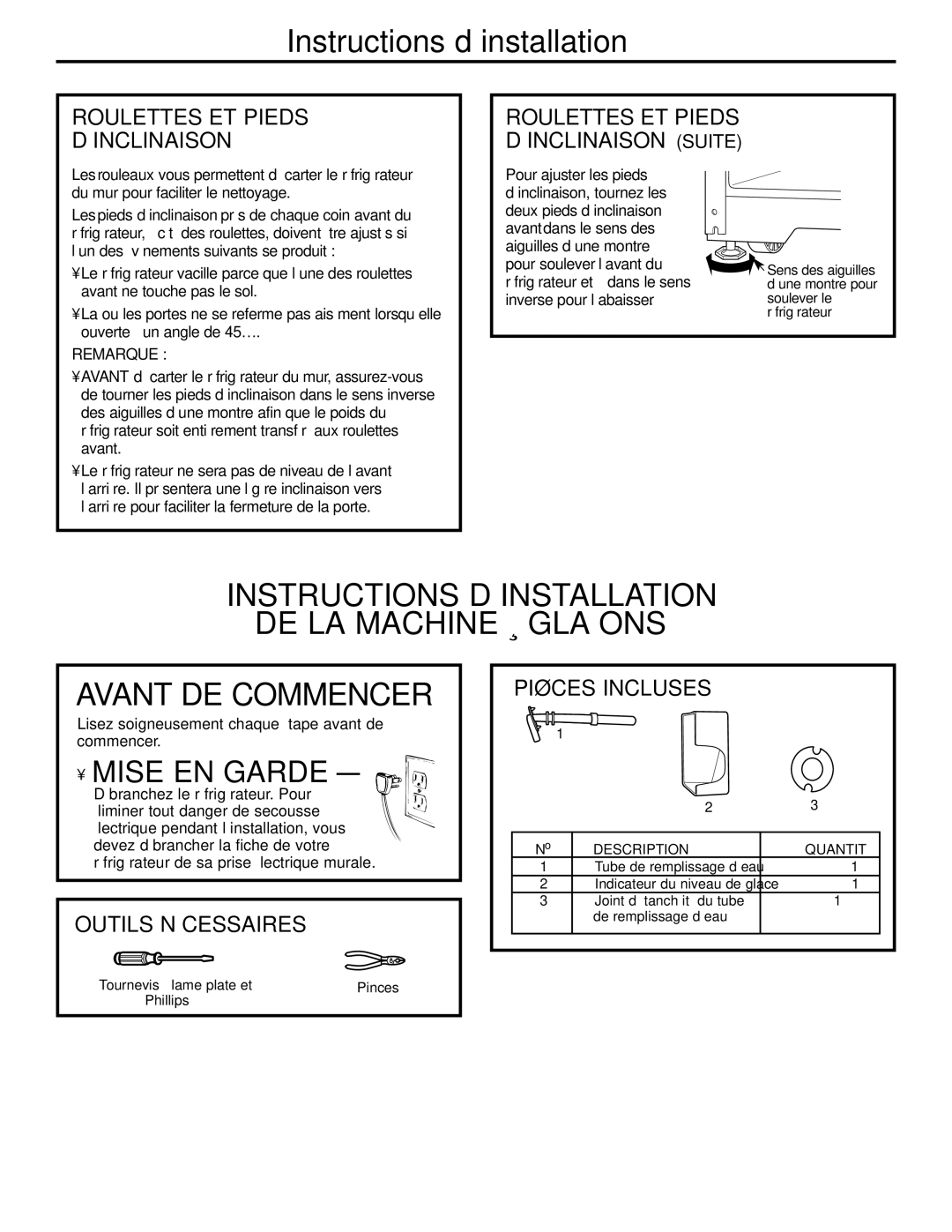 GE GTH21, GTL21 installation instructions Roulettes ET Pieds D’INCLINAISON, Outils Nécessaires, Pièces Incluses 