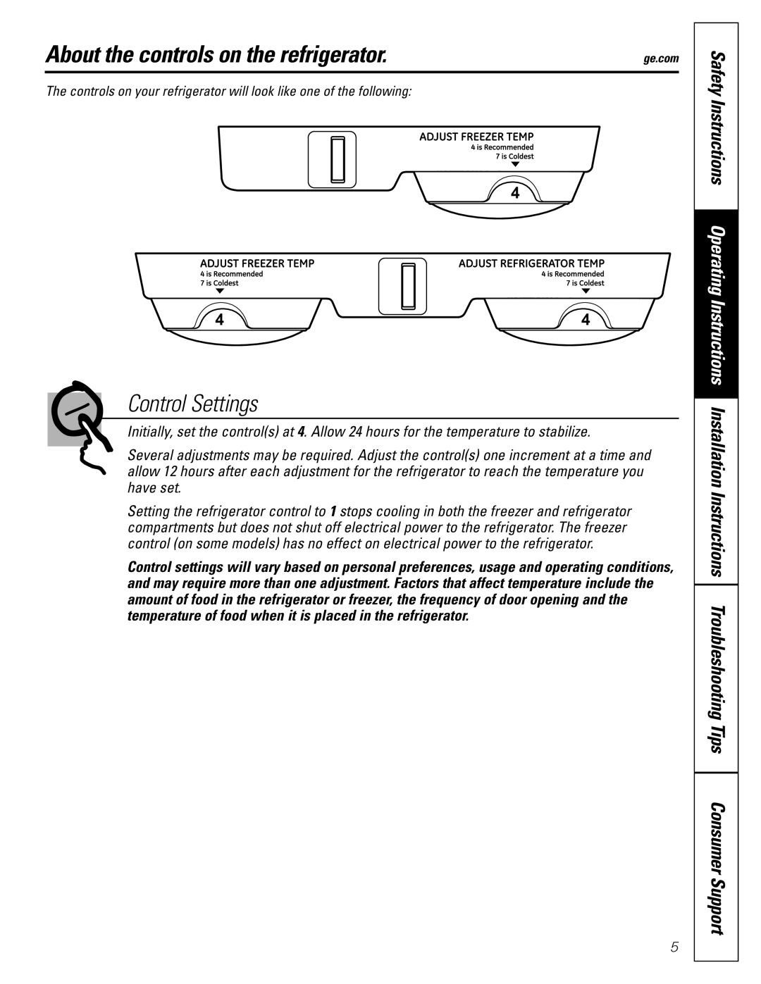 GE GTH21, GTL21 installation instructions About the controls on the refrigerator, Control Settings 