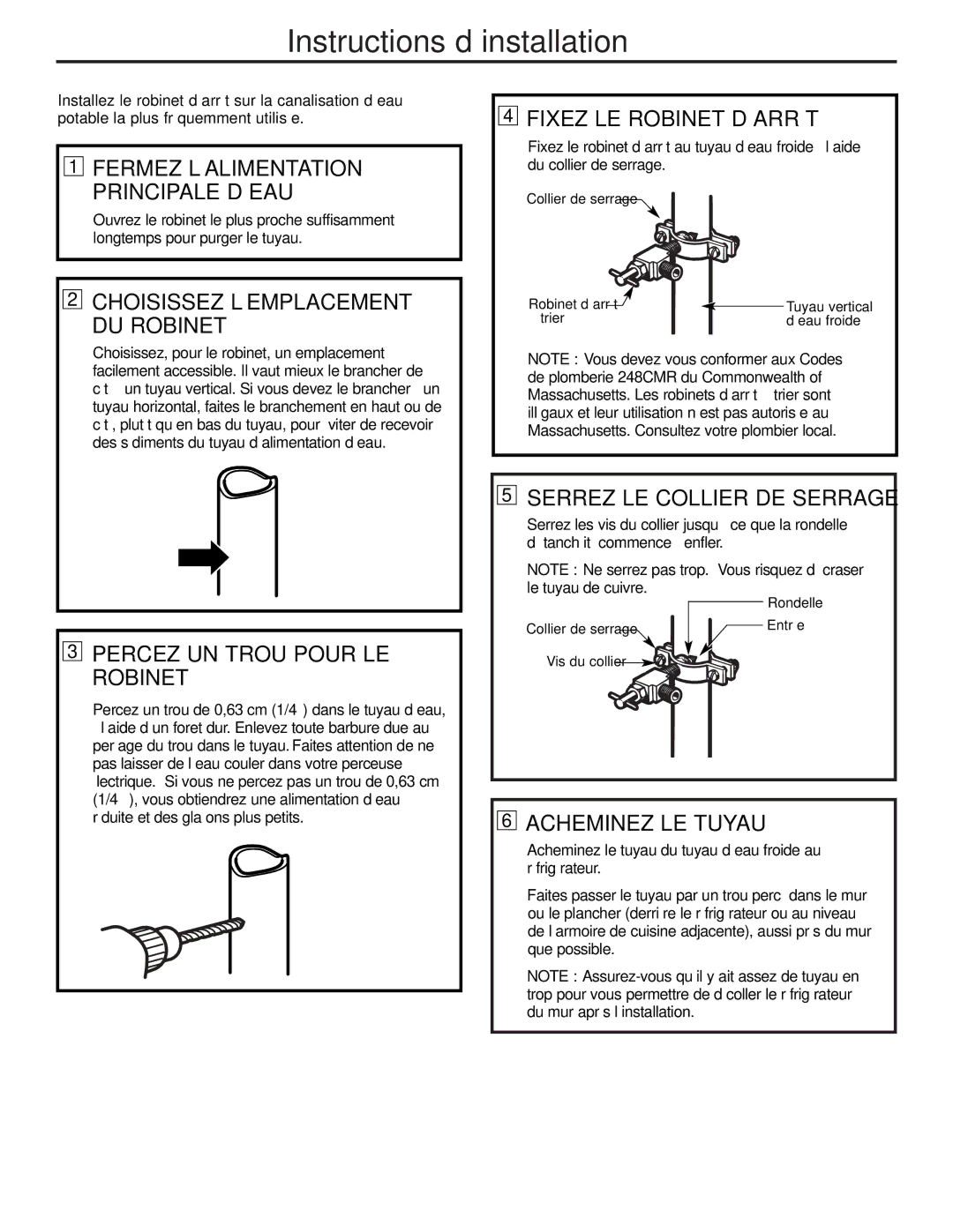 GE GTH21, GTL21 Percez UN Trou Pour LE Robinet, Fixez LE Robinet D’ARRÊT, Serrez LE Collier DE Serrage, Acheminez LE Tuyau 