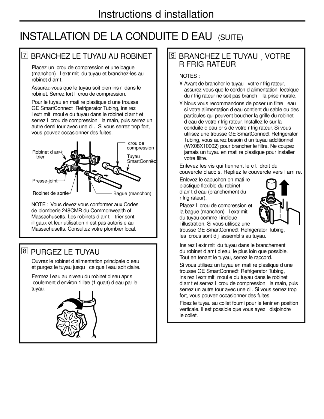 GE GTL21, GTH21 Branchez LE Tuyau AU Robinet, Branchez LE Tuyau À Votre Réfrigérateur, Purgez LE Tuyau 