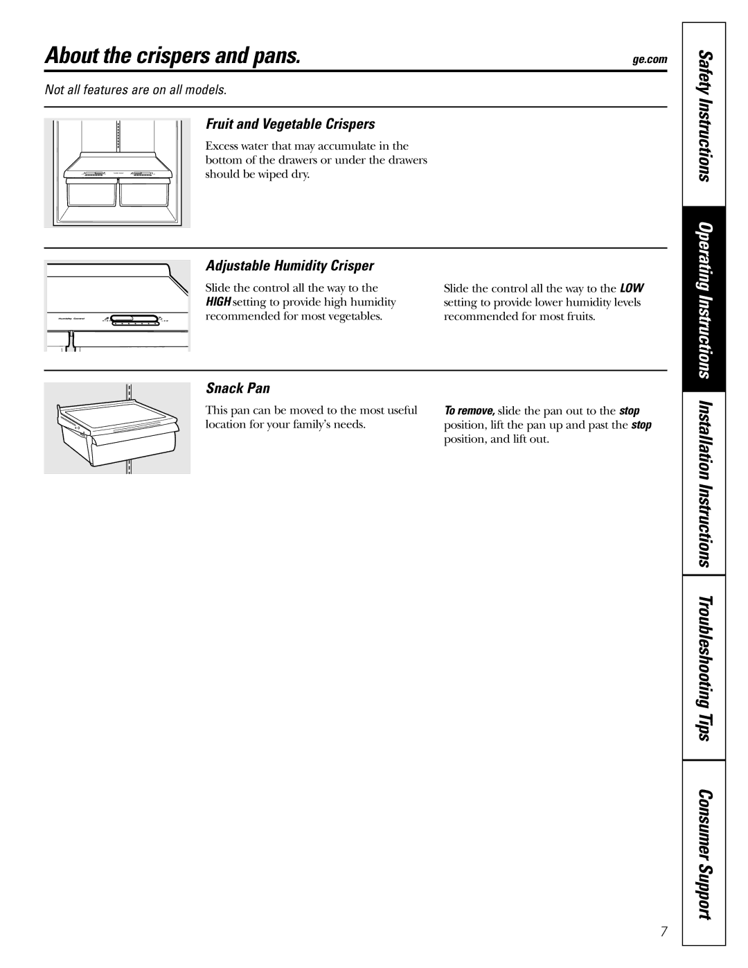 GE GTH21, GTL21 About the crispers and pans, Fruit and Vegetable Crispers, Adjustable Humidity Crisper, Snack Pan 