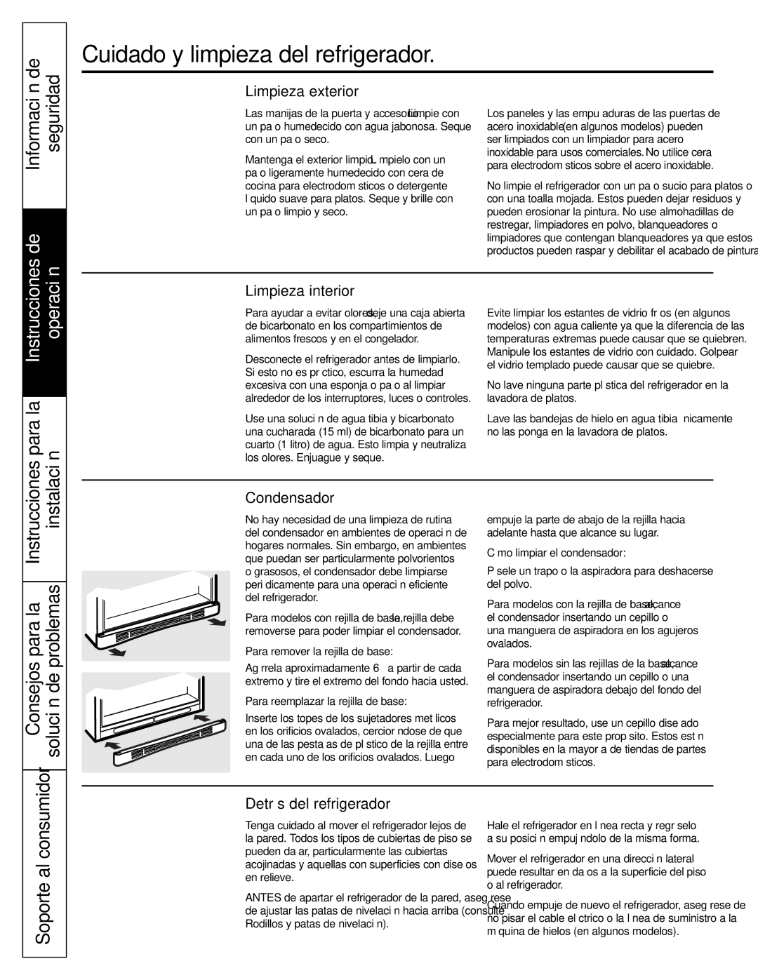 GE GTL21, GTH21 installation instructions Cuidado y limpieza del refrigerador, Seguridad, Instrucciones Consejos para la 