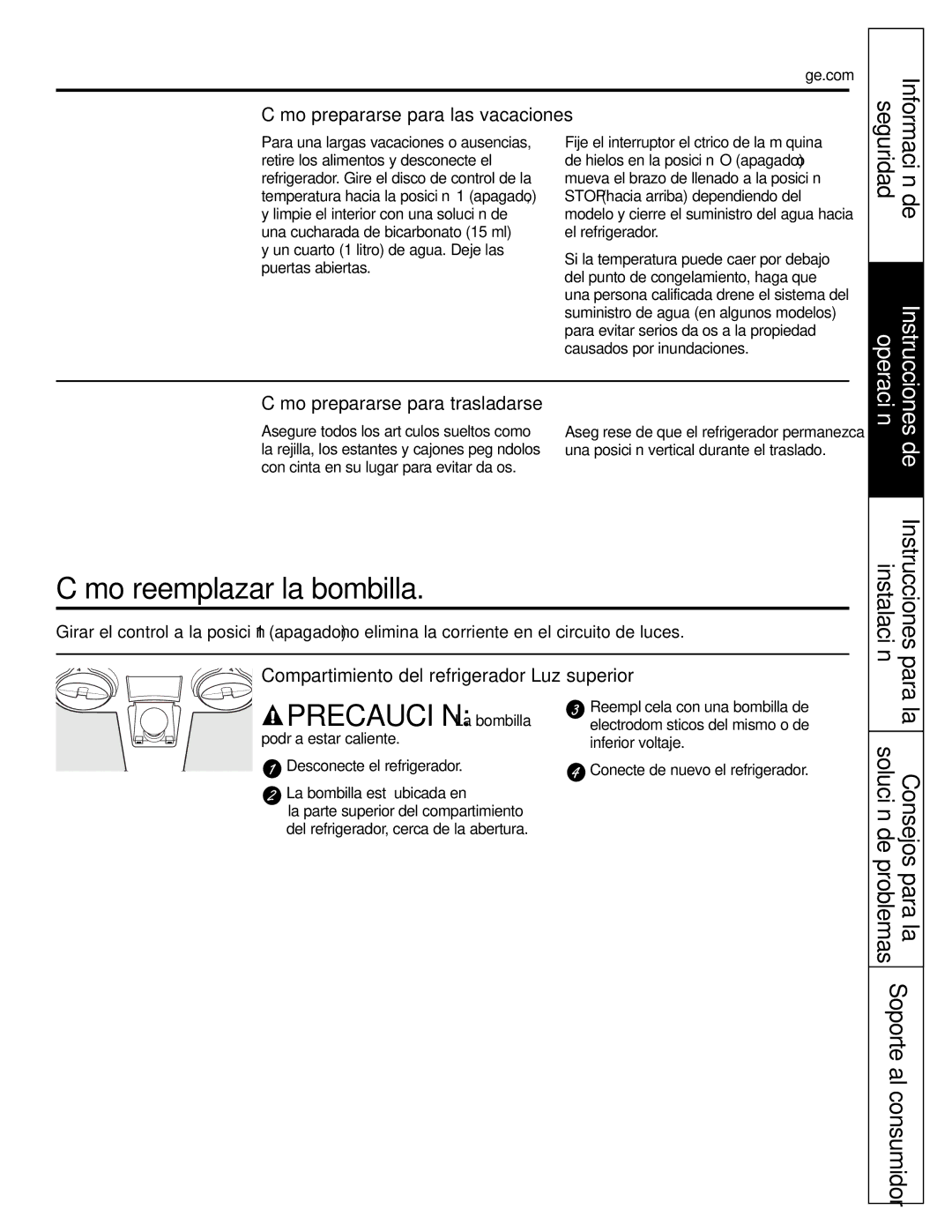 GE GTH21, GTL21 Cómo reemplazar la bombilla, Precaución La bombilla, Cómo prepararse para las vacaciones 