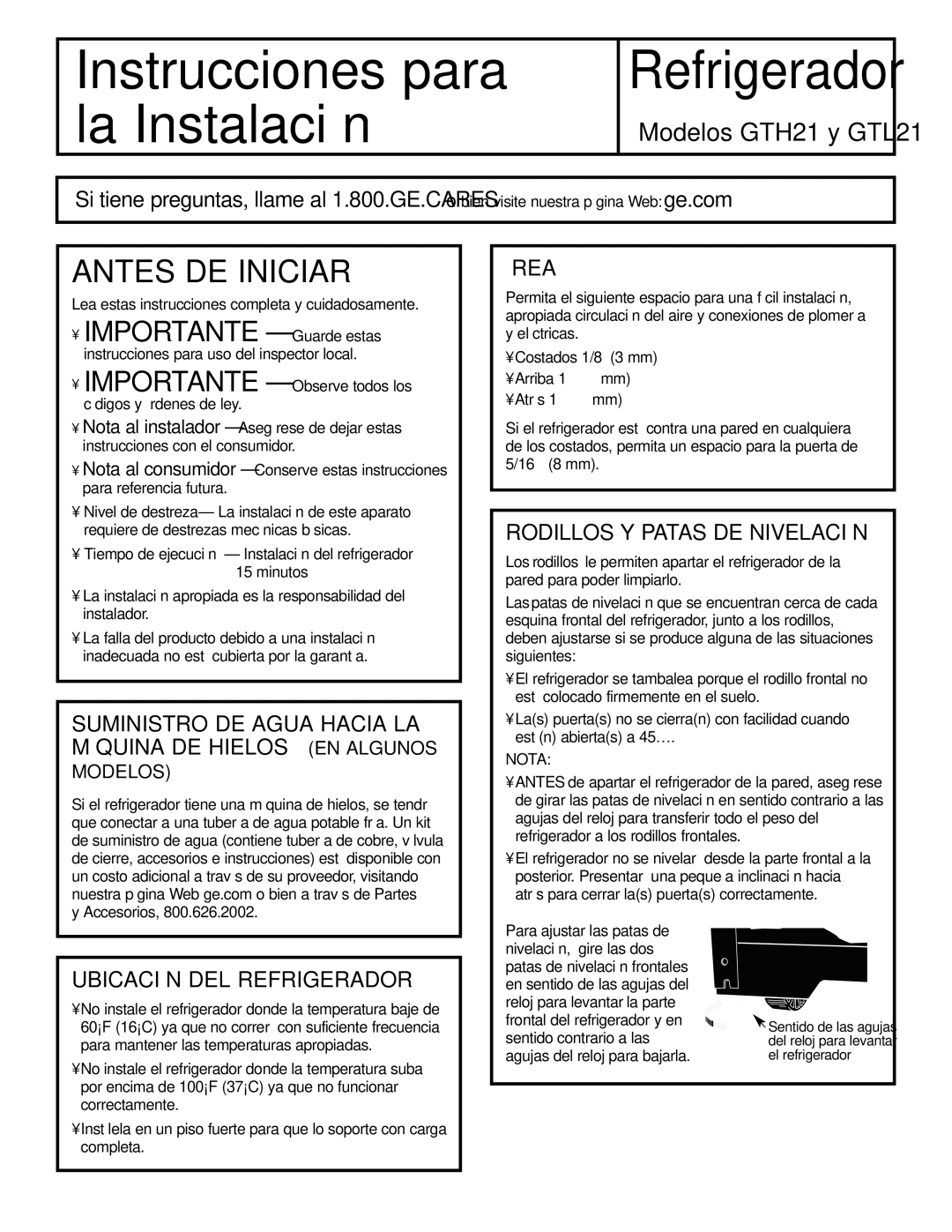 GE GTL21 Antes DE Iniciar, Suministro DE Agua Hacia LA Máquina DE Hielos EN Algunos, Área, Rodillos Y Patas DE Nivelación 