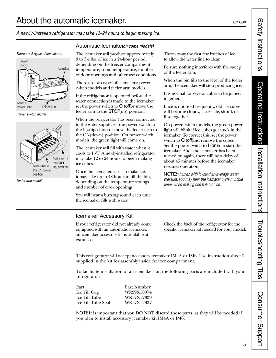 GE GTH21 About the automatic icemaker, Safety, Troubleshooting Tips Consumer Support, Automatic Icemaker on some models 