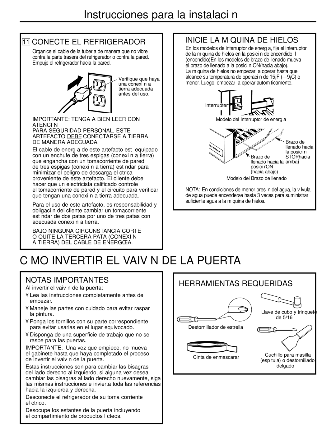 GE GTH21 Cómo Invertir EL Vaivén DE LA Puerta, Conecte EL Refrigerador, Inicie LA Máquina DE Hielos, Notas Importantes 