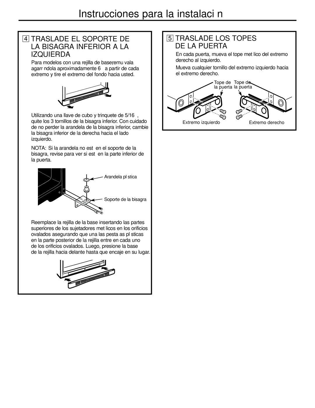 GE GTH21, GTL21 installation instructions Izquierda, Traslade LOS Topes DE LA Puerta 