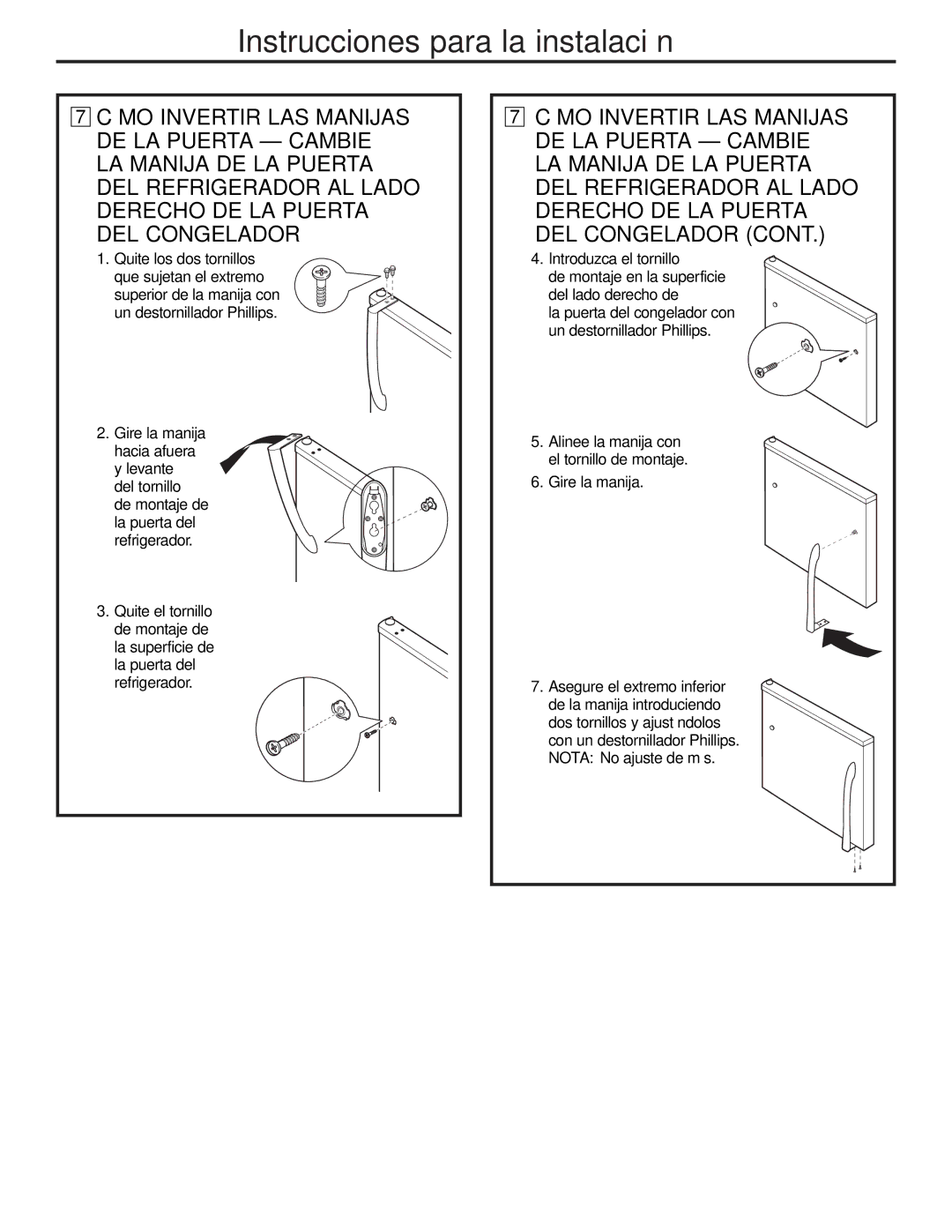 GE GTH21, GTL21 installation instructions Cómo Invertir LAS Manijas DE LA Puerta Cambie 